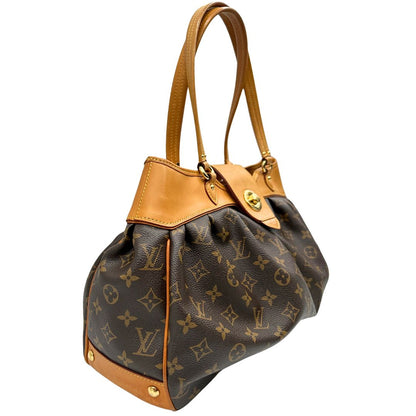 lato Borsa Louis Vuitton in canvas marrone monogram con finiture in vacchetta naturale e parti metalliche dorate; munita di doppi manici, da portare a spalla, di lusso, originale, ottime condizioni, usata.  