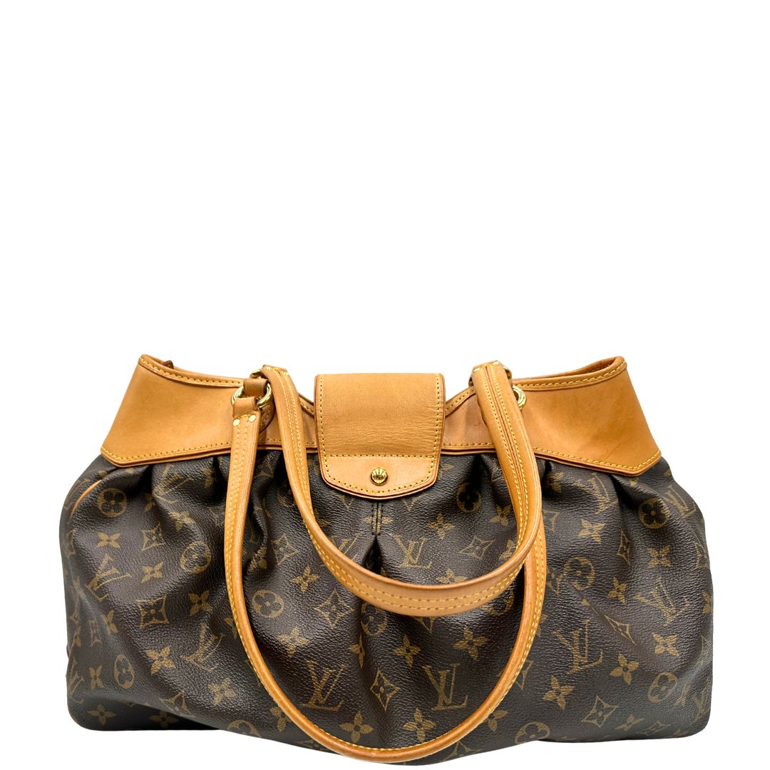 retro Borsa Louis Vuitton in canvas marrone monogram con finiture in vacchetta naturale e parti metalliche dorate; munita di doppi manici, da portare a spalla, di lusso, originale, ottime condizioni, usata.  