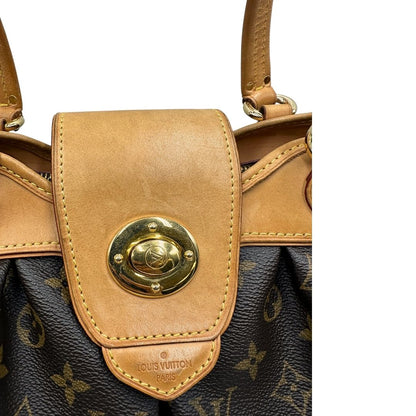 chiusura Borsa Louis Vuitton in canvas marrone monogram con finiture in vacchetta naturale e parti metalliche dorate; munita di doppi manici, da portare a spalla, di lusso, originale, ottime condizioni, usata.  