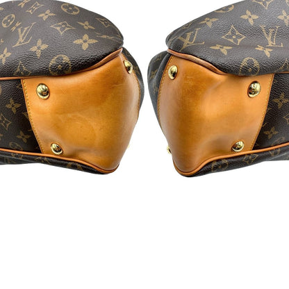 angoli Borsa Louis Vuitton in canvas marrone monogram con finiture in vacchetta naturale e parti metalliche dorate; munita di doppi manici, da portare a spalla, di lusso, originale, ottime condizioni, usata.  