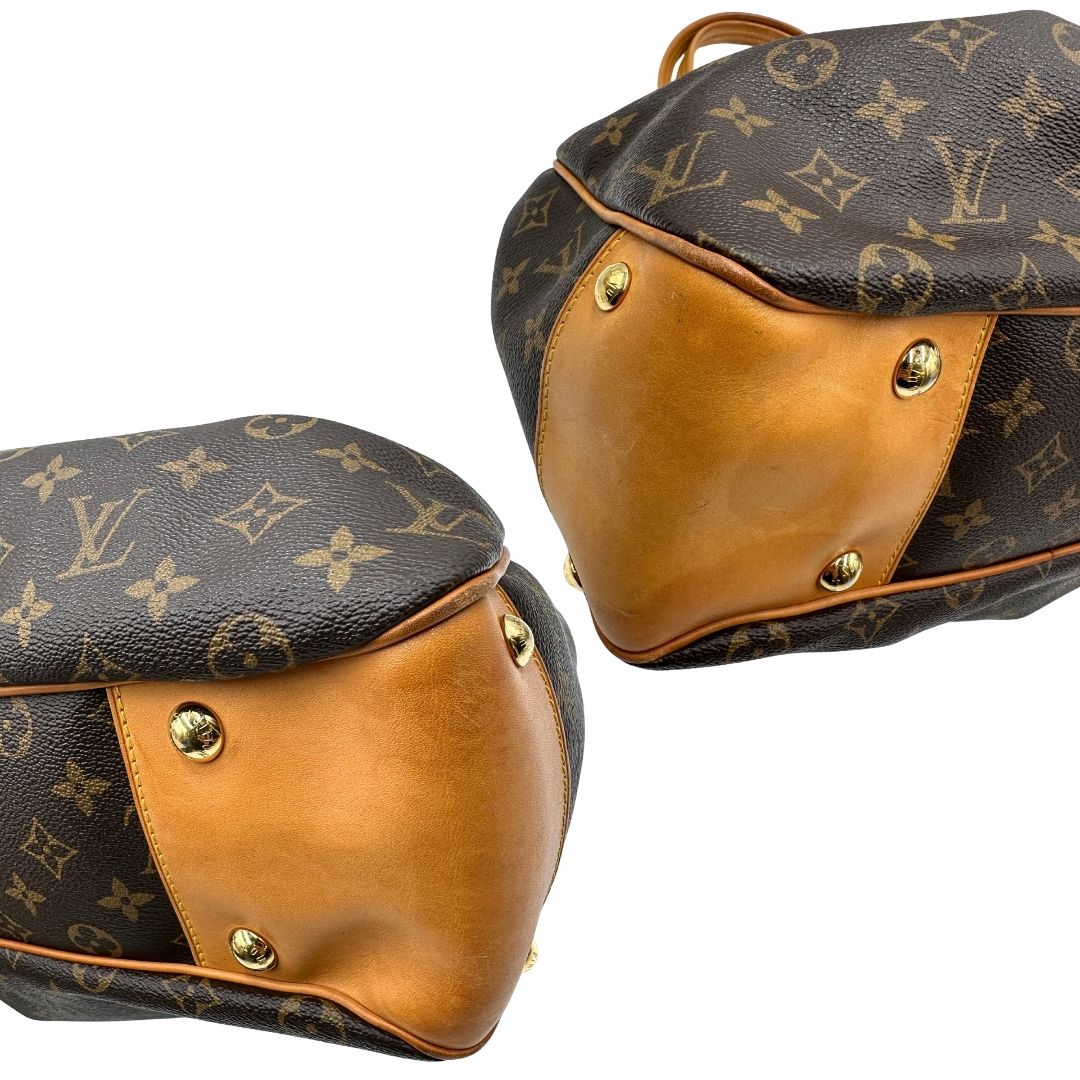 angoli Borsa Louis Vuitton in canvas marrone monogram con finiture in vacchetta naturale e parti metalliche dorate; munita di doppi manici, da portare a spalla, di lusso, originale, ottime condizioni, usata.  