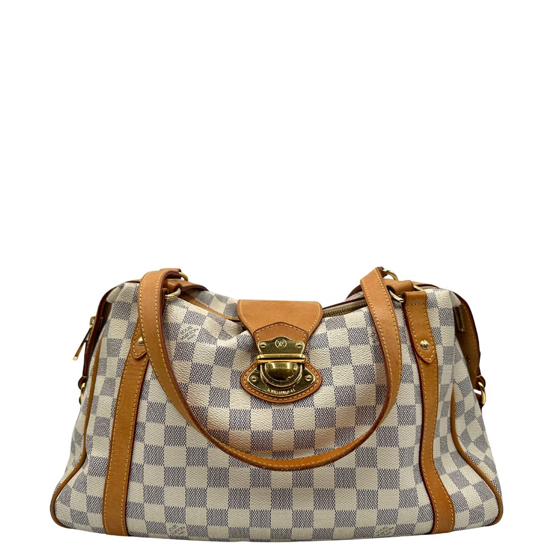 Front Borsa Louis Vuitton in canvas bianco Damier Azur con parti metalliche dorate e finiture in vacchetta naturale; munita di doppi manici, da portare a spalla. Originale, usata, di lusso, in ottime condizioni