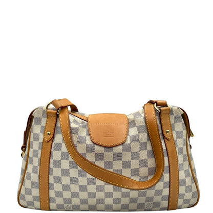 Retro Borsa Louis Vuitton in canvas bianco Damier Azur con parti metalliche dorate e finiture in vacchetta naturale; munita di doppi manici, da portare a spalla. Originale, usata, di lusso, in ottime condizioni