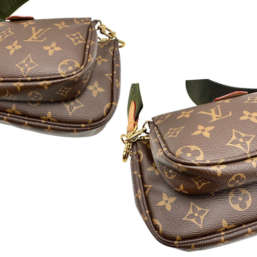 Angoli di una Multi Pochette Accessoires Louis Vuitton in canvas marrone monogram con dettagli in vacchetta naturale, manico in catena dorata e tracolla in tessuto Jacquard verde kaki. Dotata del classico mini portamonete rotondo, rimovibile. Completa di corredo.