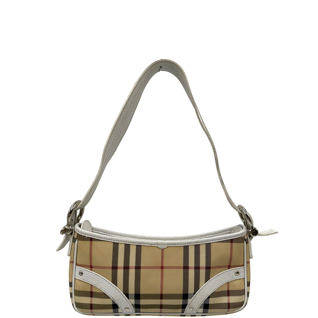 front Borsa Burberry in canvas beige con trama tartan, finiture in pelle bianche e parti metalliche argentate. Munita di un manico singolo, indossabile a spalla, di lusso, originale, ottime condizioni, usata. 