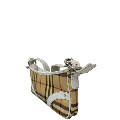 lato Borsa Burberry in canvas beige con trama tartan, finiture in pelle bianche e parti metalliche argentate. Munita di un manico singolo, indossabile a spalla, di lusso, originale, ottime condizioni, usata. 