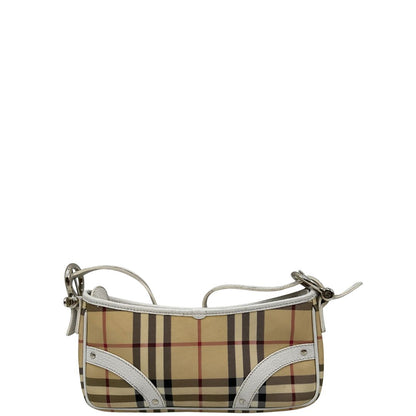 Borsa Burberry in canvas beige con trama tartan, finiture in pelle bianche e parti metalliche argentate. Munita di un manico singolo, indossabile a spalla, di lusso, originale, ottime condizioni, usata.