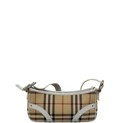 Borsa Burberry in canvas beige con trama tartan, finiture in pelle bianche e parti metalliche argentate. Munita di un manico singolo, indossabile a spalla, di lusso, originale, ottime condizioni, usata. 