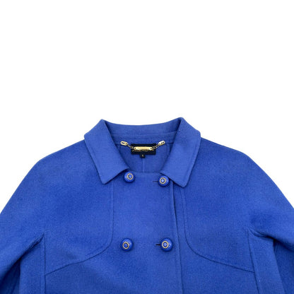 Cappotto Luisa Spagnoli color blu reale in 50% lana e 50% poliestere; bottoni con finiture dorate, di lusso, originale, eccellenti condizioni, usato.