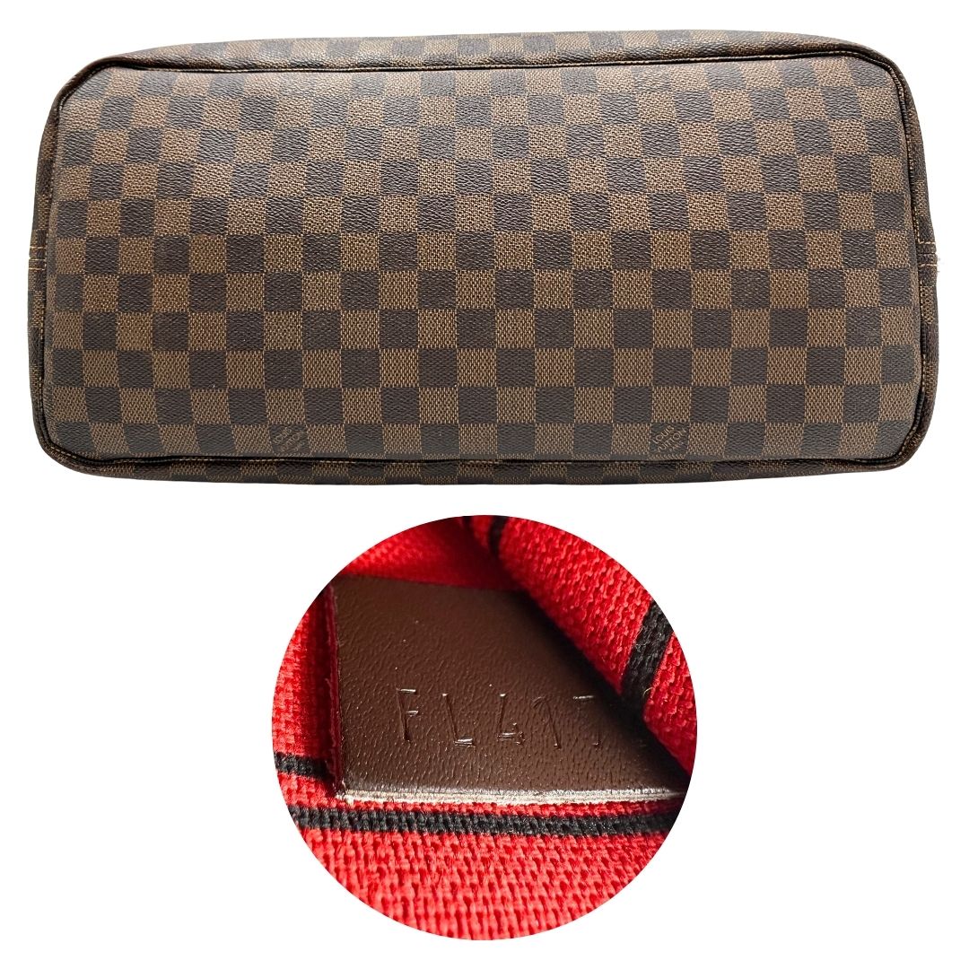 Borsa Louis Vuitton Neverfull GM in canvas Damier Ébène con finiture in pelle marroni testa di moro e parti metalliche dorate; munita di doppi manici, indossabile a spalla, di lusso, originale, di lusso, usata.