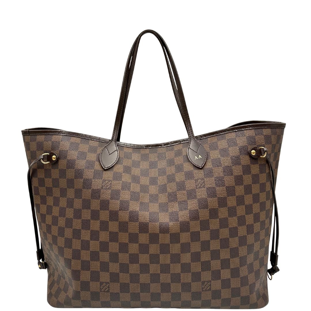 front Borsa Louis Vuitton Neverfull GM in canvas Damier Ébène con finiture in pelle marroni testa di moro e parti metalliche dorate; munita di doppi manici, indossabile a spalla, di lusso, originale, di lusso, usata. 