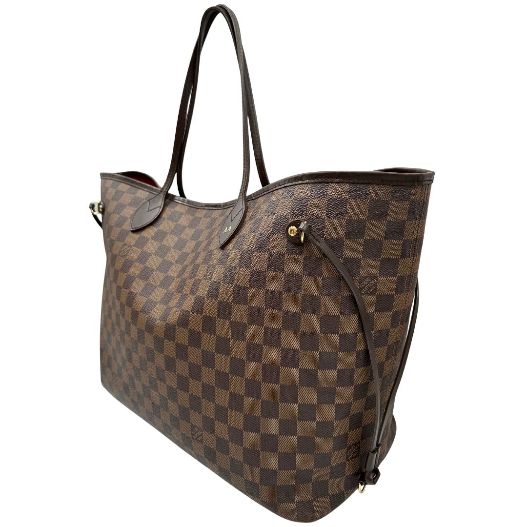 Borsa Louis Vuitton Neverfull GM in canvas Damier Ébène con finiture in pelle marroni testa di moro e parti metalliche dorate; munita di doppi manici, indossabile a spalla, di lusso, originale, di lusso, usata.