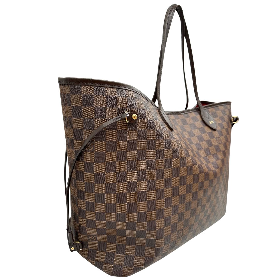 Borsa Louis Vuitton Neverfull GM in canvas Damier Ébène con finiture in pelle marroni testa di moro e parti metalliche dorate; munita di doppi manici, indossabile a spalla, di lusso, originale, di lusso, usata.