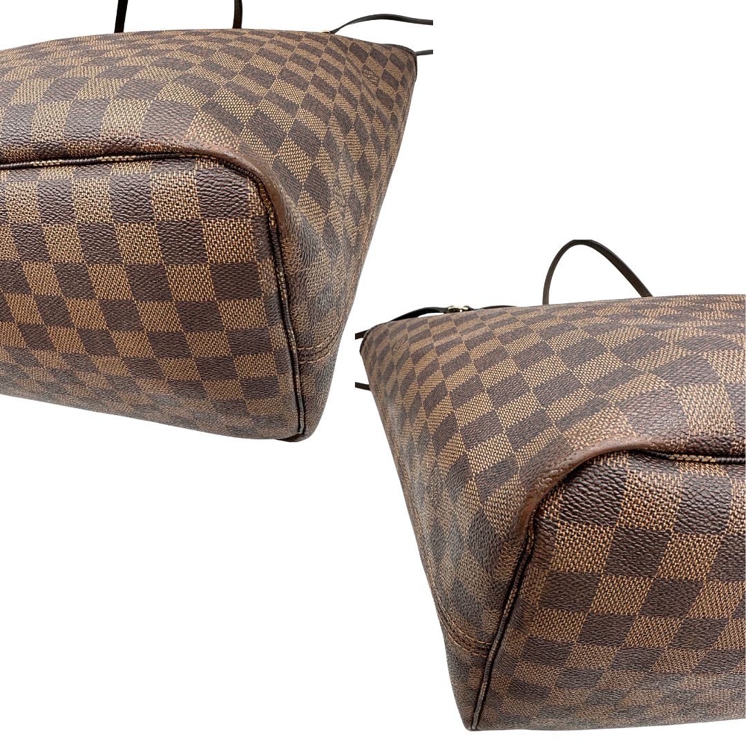 Borsa Louis Vuitton Neverfull GM in canvas Damier Ébène con finiture in pelle marroni testa di moro e parti metalliche dorate; munita di doppi manici, indossabile a spalla, di lusso, originale, di lusso, usata.