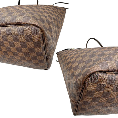 Borsa Louis Vuitton Neverfull GM in canvas Damier Ébène con finiture in pelle marroni testa di moro e parti metalliche dorate; munita di doppi manici, indossabile a spalla, di lusso, originale, di lusso, usata.