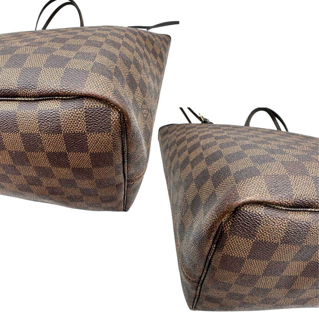 Borsa Louis Vuitton Neverfull GM in canvas Damier Ébène con finiture in pelle marroni testa di moro e parti metalliche dorate; munita di doppi manici, indossabile a spalla, di lusso, originale, di lusso, usata.