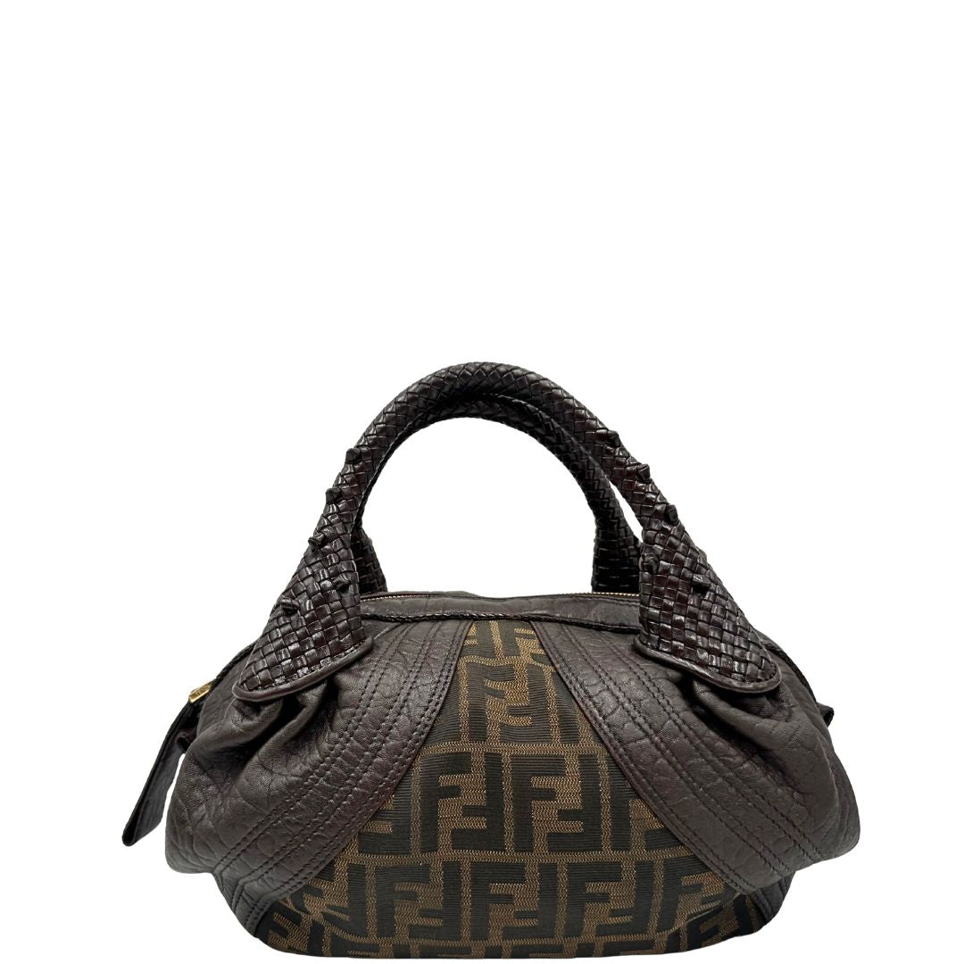 front Borsa Fendi in tessuto trama zucca con finiture in pelle marroni e parti metalliche dorate; munita di doppi manici stondati, di lusso, originale, ottime condizioni. 