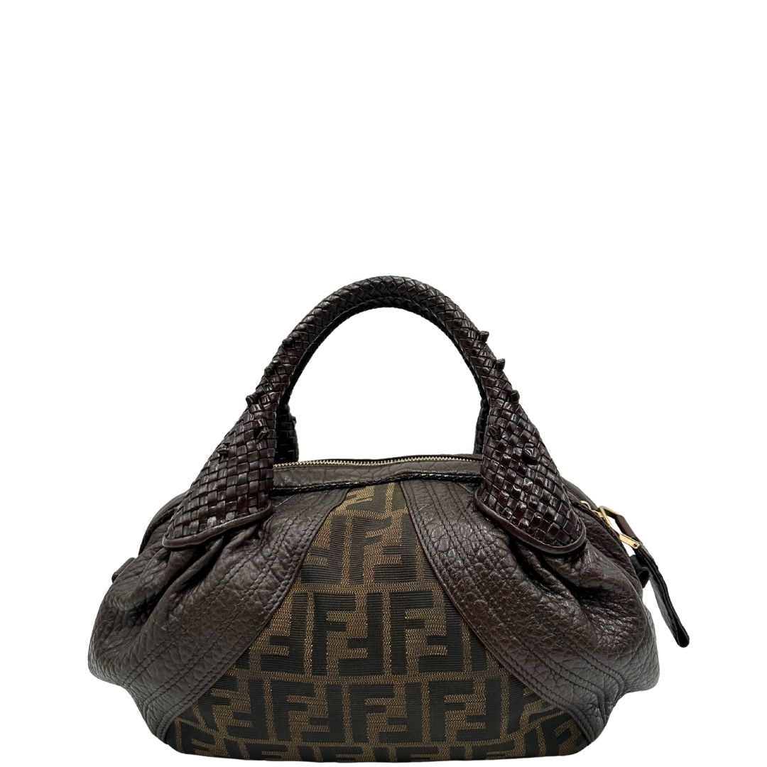 retro Borsa Fendi in tessuto trama zucca con finiture in pelle marroni e parti metalliche dorate; munita di doppi manici stondati, di lusso, originale, ottime condizioni. 