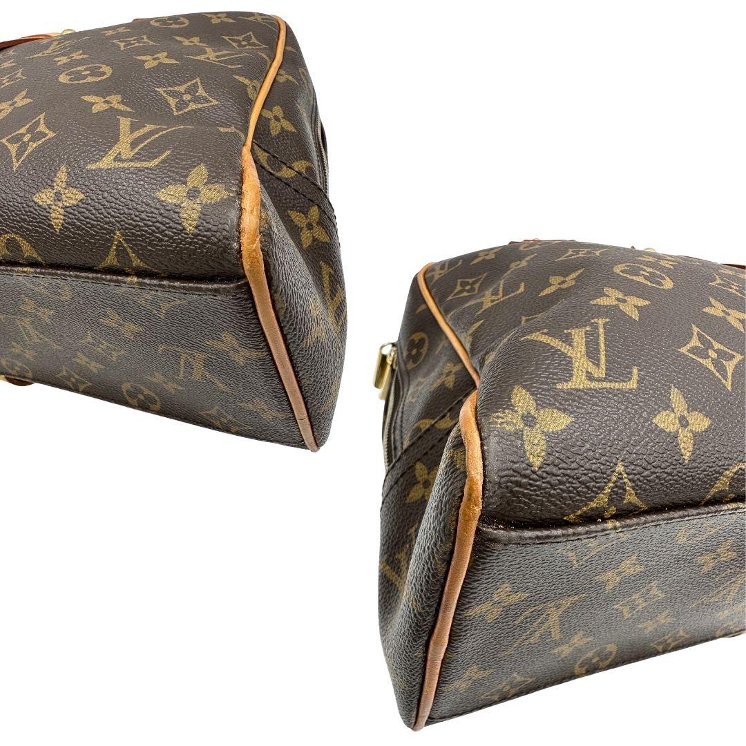 Angoli di una Borsa Louis Vuitton in canvas marrone monogram con finiture in vacchetta naturale e parti metalliche dorate; munita di doppi manici. Indossabile a mano. Originale, usata, di lusso in ottime condizioni
