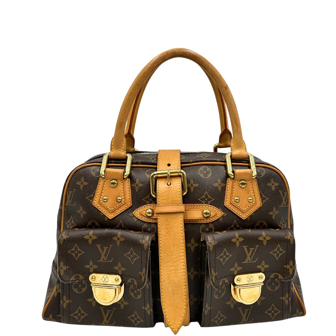 Front di una Borsa Louis Vuitton in canvas marrone monogram con finiture in vacchetta naturale e parti metalliche dorate; munita di doppi manici. Indossabile a mano. Originale, usata, di lusso in ottime condizioni