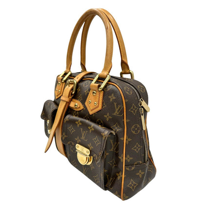 Lato sinistro di una Borsa Louis Vuitton in canvas marrone monogram con finiture in vacchetta naturale e parti metalliche dorate; munita di doppi manici. Indossabile a mano. Originale, usata, di lusso in ottime condizioni