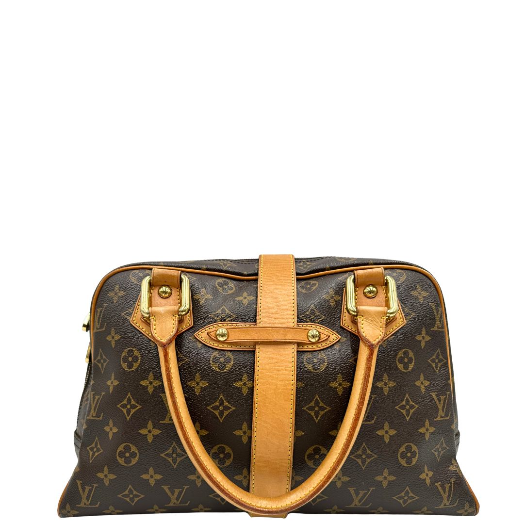 Retro di una Borsa Louis Vuitton in canvas marrone monogram con finiture in vacchetta naturale e parti metalliche dorate; munita di doppi manici. Indossabile a mano. Originale, usata, di lusso in ottime condizioni