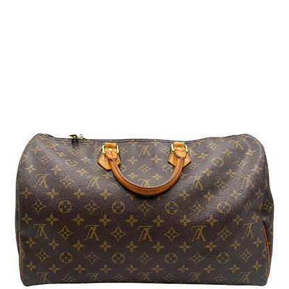 retro Borsa Louis Vuitton in canvas marrone monogram con finiture in vacchetta naturale e parti metalliche dorate; munita di doppi manici stondati. Completa di dustbag, lucchetto e chiave. 