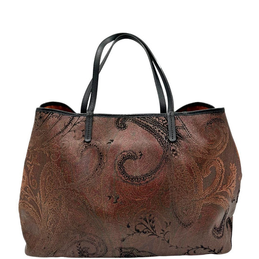 Front di una borsa Etro in canvas trama paisley bordeaux e parti in pelle nere, munita di doppi manici. Indossabile a spalla.