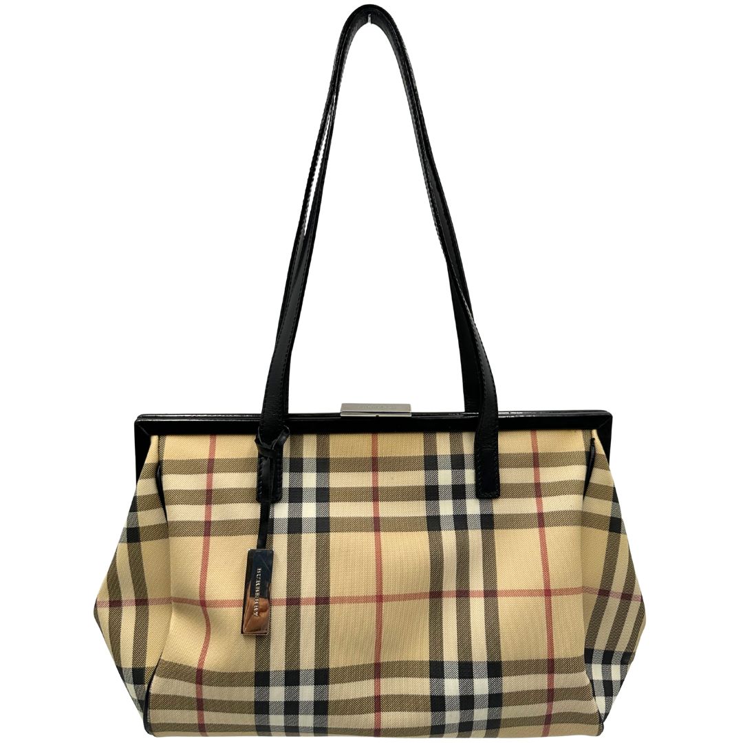 front  Borsa Burberry in canvas trama tartan sui toni del beige con finiture in pelle nere e parti metalliche argentate; munita di doppi manici, indossabile a spalla. Munita di cartellino, di lusso, originale, ottime condizioni. 
