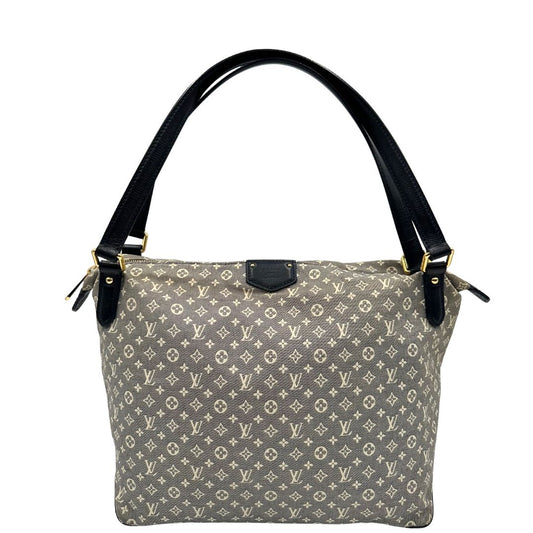 Front di una Borsa LV in tessuto grigio monogrammato con profili in pelle blu notte e parti metalliche dorate, munita di due manici, indossabile a spalla. Completa di dustbag. Originale, usata, di lusso, in ottime condizioni