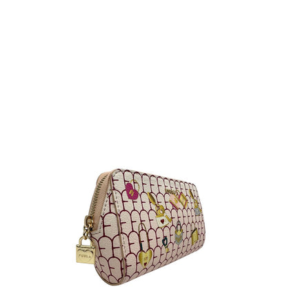 front Pochette Furla in canvas rosa con stampe di lucchetti sul front e parti metalliche dorate, di lusso, originale, usata. 