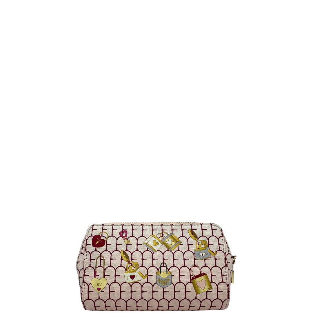 retro Pochette Furla in canvas rosa con stampe di lucchetti sul front e parti metalliche dorate, di lusso, originale, usata. 