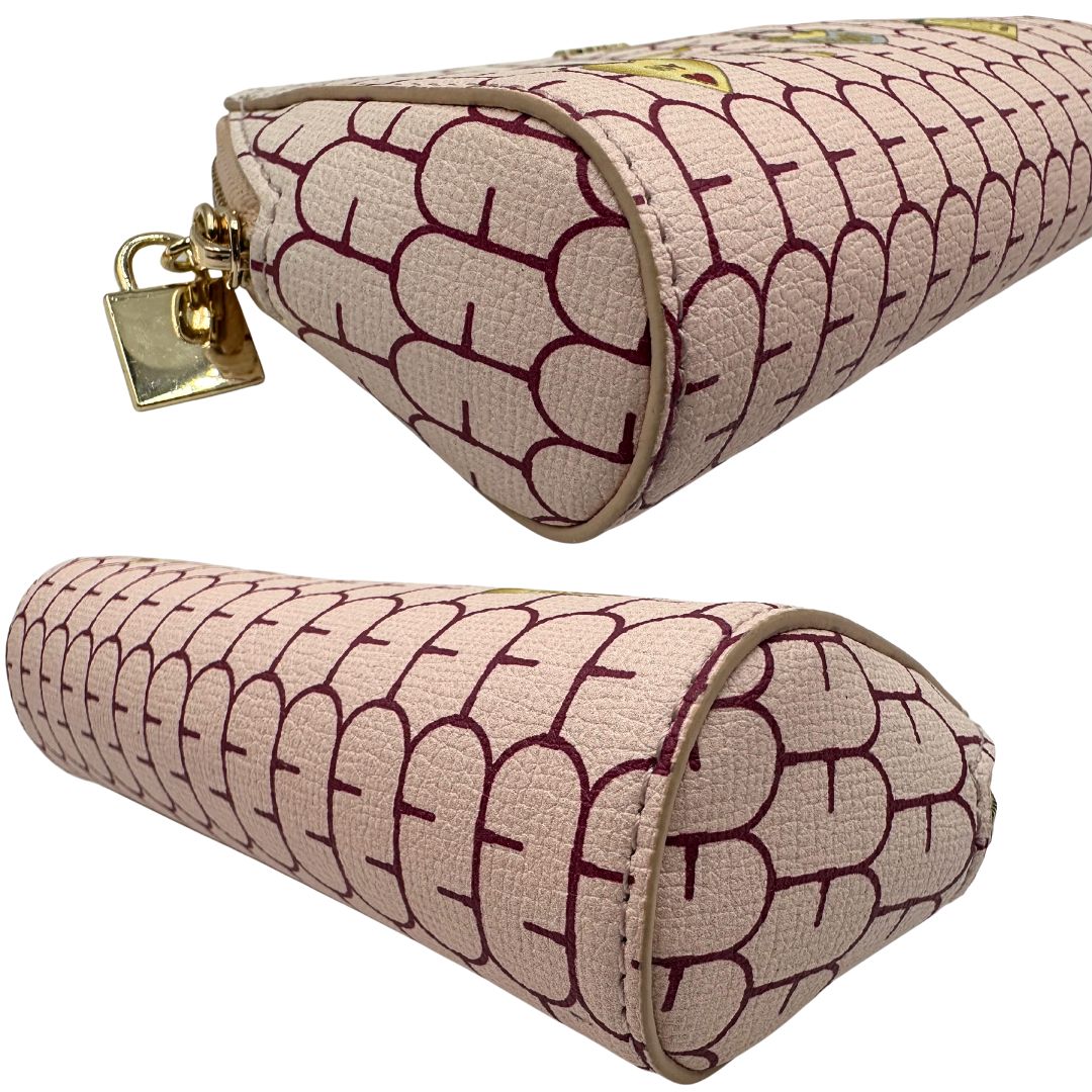 angoli Pochette Furla in canvas rosa con stampe di lucchetti sul front e parti metalliche dorate, di lusso, originale, usata. 