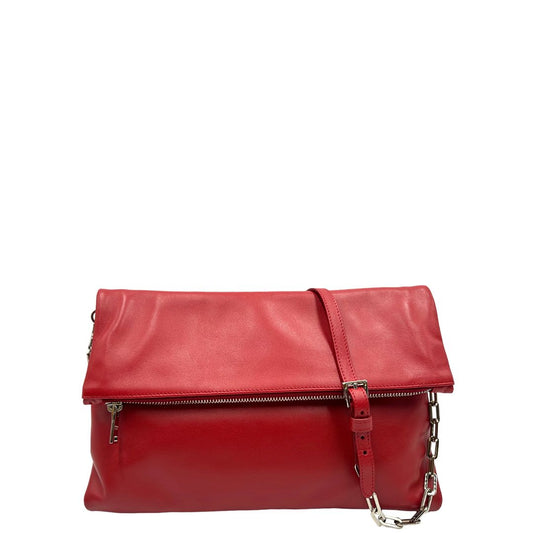 Front di una borsa a tracolla Prada in pelle rossa, munita di una tracolla in catena e pelle amovibile e regolabile. Completa di scatola.