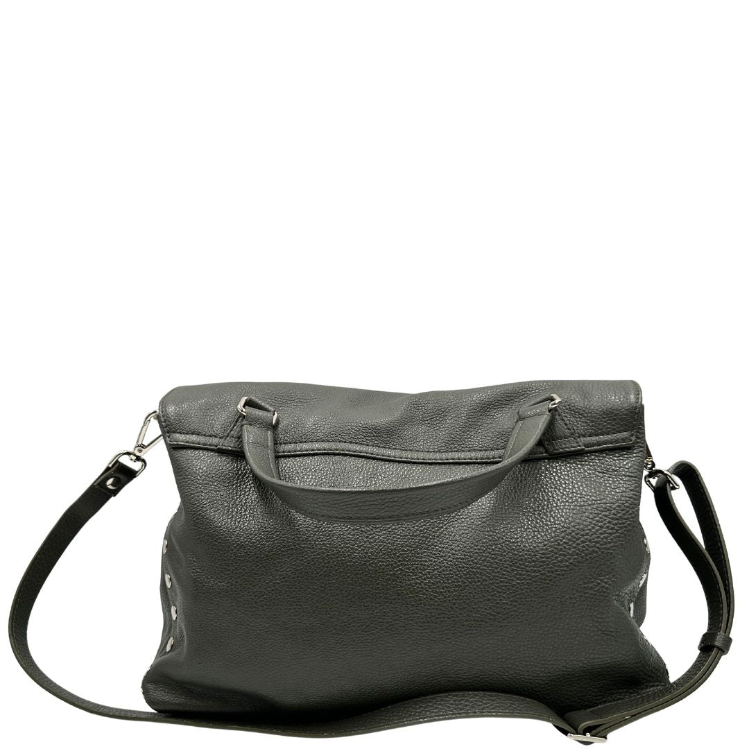 retro Borsa Zanellato in pelle martellata color verde fango con parti metalliche argentate; munita di un manico singolo e una tracolla amovibile e regolabile. Completa di dustbag, di lusso, originale, ottime condizioni. 