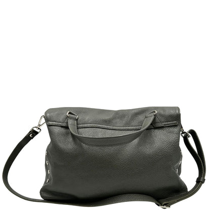 retro Borsa Zanellato in pelle martellata color verde fango con parti metalliche argentate; munita di un manico singolo e una tracolla amovibile e regolabile. Completa di dustbag, di lusso, originale, ottime condizioni. 