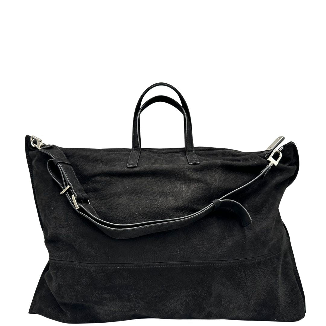 retro Borsa Hags in pelle nabuk nera con parti metalliche argentate, munita di doppi manici e una tracolla amovibile e regolabile. Completa di dustbag e cartellino, di lusso, ottime condizioni, usata. 