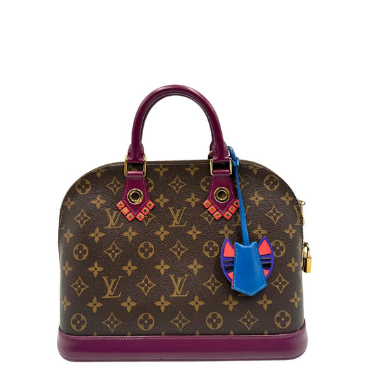 front Borsa Louis Vuitton L.E. in canvas marrone monogram con finiture in pelle viola melanzana, blu e arancione; munita di doppi manici stondati, da portare a mano. Completa di lucchetto e chiavi, di lusso, ottime condizioni, usata. 