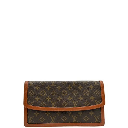 front Pochette Louis Vuitton in canvas marrone monogram con finiture in pelle marroni e parti metalliche dorate; da portare a mano, di lusso, originale, ottime condizioni, usata. 