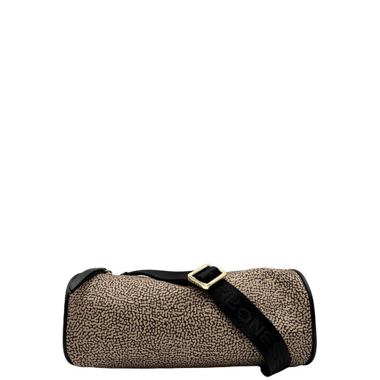 front Borsa Borbonese in nylon trama occhio di pernice su base marrone con finiture in pelle nere e parti metalliche dorate; munita di una tracolla in tessuto regolabile. Completa di dustbag, di lusso, originale, usata. 