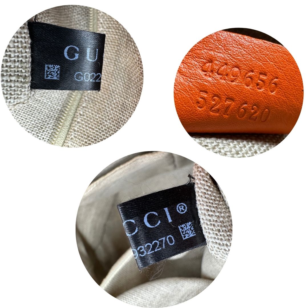 Codici di una borsa Gucci in pelle arancione GG con parti metalliche dorate; munita di doppi manici e una tracolla amovibile e regolabile.