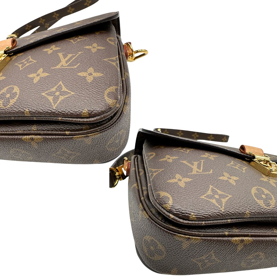 Angoli di una borsa Louis Vuitton Métis in canvas marrone monogram con dettagli in vacchetta naturale e parti metalliche dorate. Munita di un manico singolo e una tracolla regolabile e amovibile. Dotata di scatola.