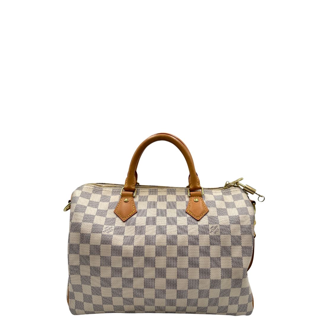retro Borsa Speedy 30 bandoulière Louis Vuitton in canvas Damier Azur con finiture in vacchetta naturale e parti metalliche dorate; munita di una tracolla amovibile e regolabile e doppi manici stondati. Completo di lucchetto, chiavi e scatola, di lusso, originale, ottime condizioni. 