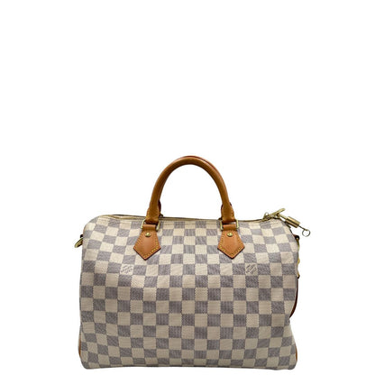 retro Borsa Speedy 30 bandoulière Louis Vuitton in canvas Damier Azur con finiture in vacchetta naturale e parti metalliche dorate; munita di una tracolla amovibile e regolabile e doppi manici stondati. Completo di lucchetto, chiavi e scatola, di lusso, originale, ottime condizioni. 