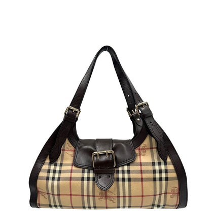 Front di una borsa Burberry in canvas beige, motivo Burberry check, con dettagli e finiture in pelle marroni testa di moro, parti metalliche dorate. Munita di doppi manici leggermente regolabili, indossabile a spalla. Completa di dustbag.