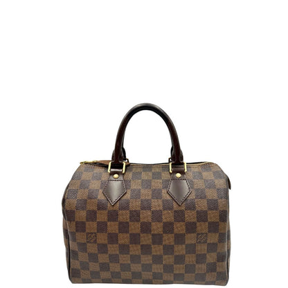 Retro di una borsa Louis Vuitton in canvas Damier Ébène con parti metalliche dorate; munita di doppi manici stondati, da portare a mano. Completo di scatola logata, lucchetto e chiavi.