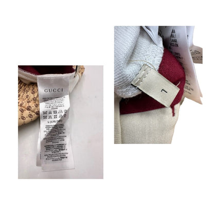 Etichette di un pantalone tuta Gucci elasticizzato modello Interlocking G in 55% poliestere e 45% cotone, beige e avorio con motivo micro GG all-over e bande laterali web e fascia elastica sulle estremità.