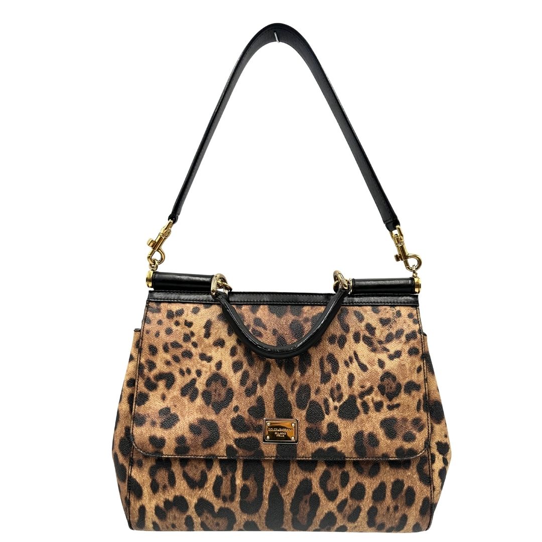 front Borsa Dolce & Gabbana in canvas con trama animalier, finiture nere e parti metalliche dorate; munita di un manico singolo e un manico amovibile, di lusso, originale, ottime condizioni.