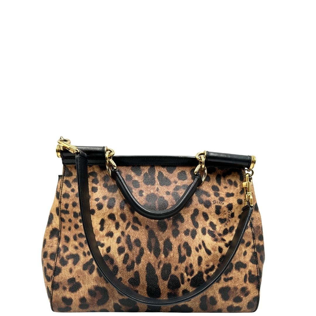 retro Borsa Dolce & Gabbana in canvas con trama animalier, finiture nere e parti metalliche dorate; munita di un manico singolo e un manico amovibile, di lusso, originale, ottime condizioni. 