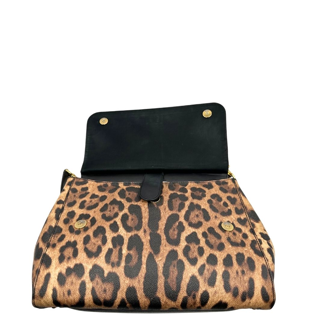 interno Borsa Dolce & Gabbana in canvas con trama animalier, finiture nere e parti metalliche dorate; munita di un manico singolo e un manico amovibile, di lusso, originale, ottime condizioni. 